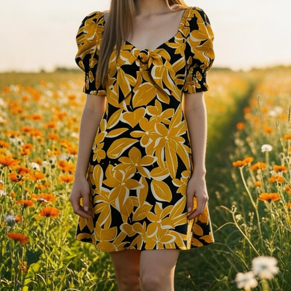 NWT Who What Wear Black/Yellow Linen Floral Print Puff Sleeve Dress - XS - Picture 1 of 16